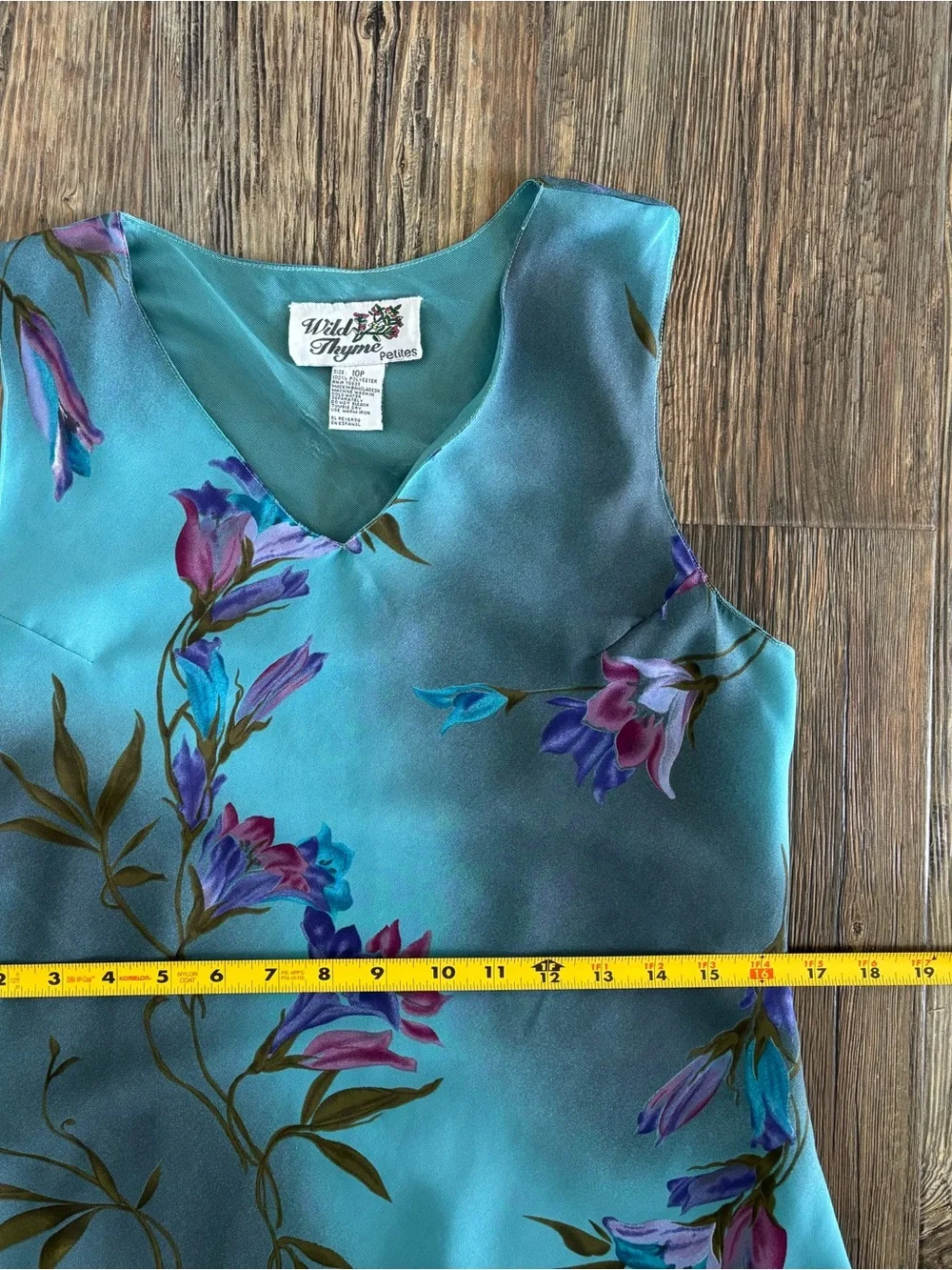 Vtg Wild Thyme Petites Sleeveless V-Neck Dress 10P Aqua Blue Floral Watercolor